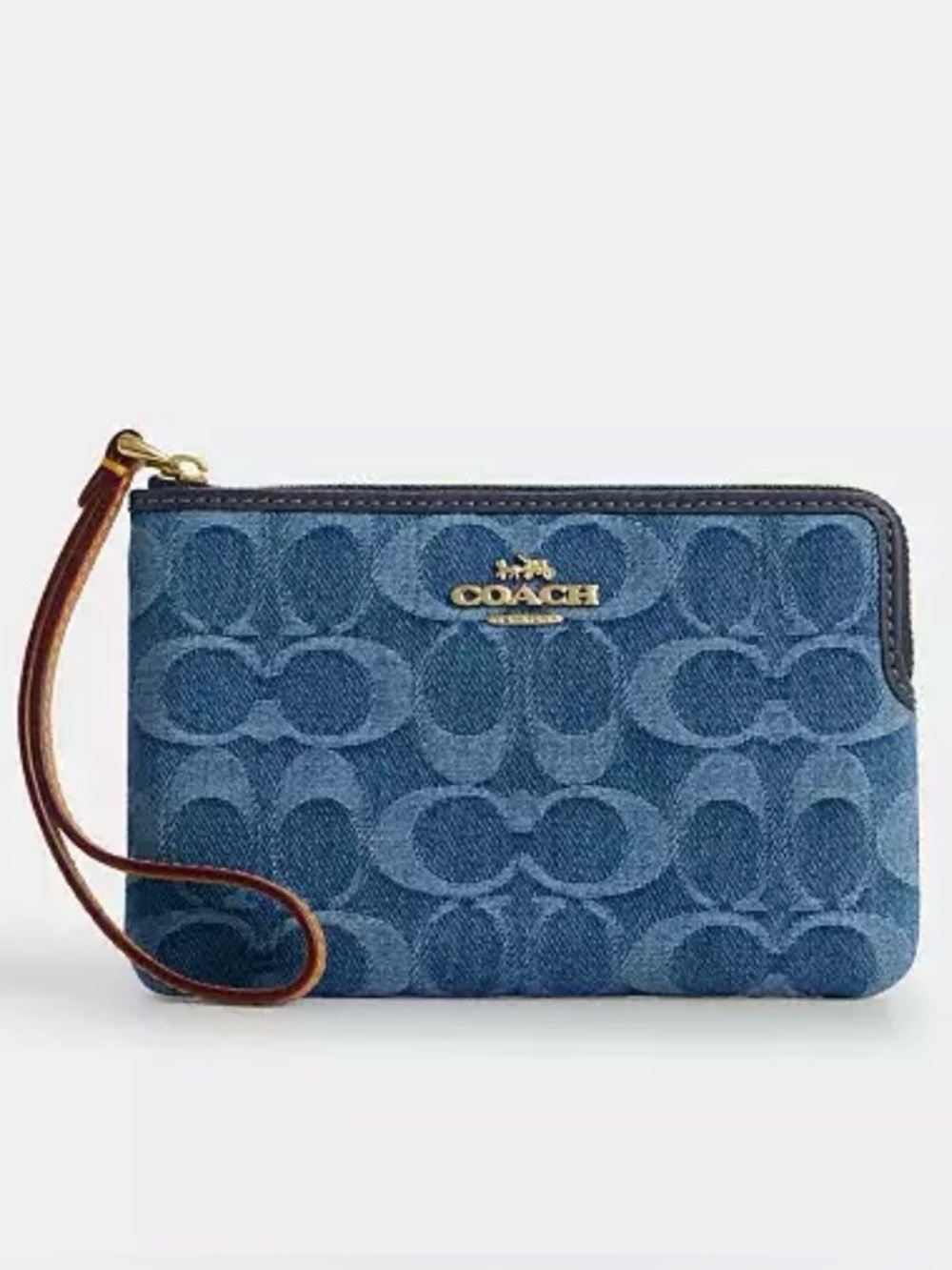 Small Corner Coach Denim Signature Wristlet